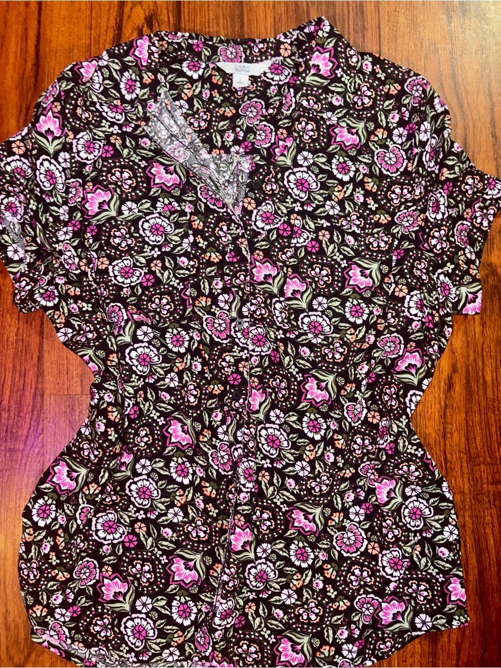 Floral Button-Front Women’s Top in Black and Pink